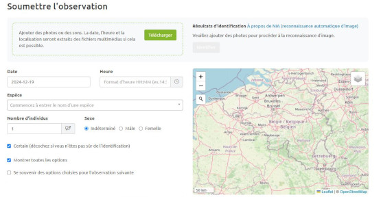 Vue sur la plateforme d'encodage d'observations.be